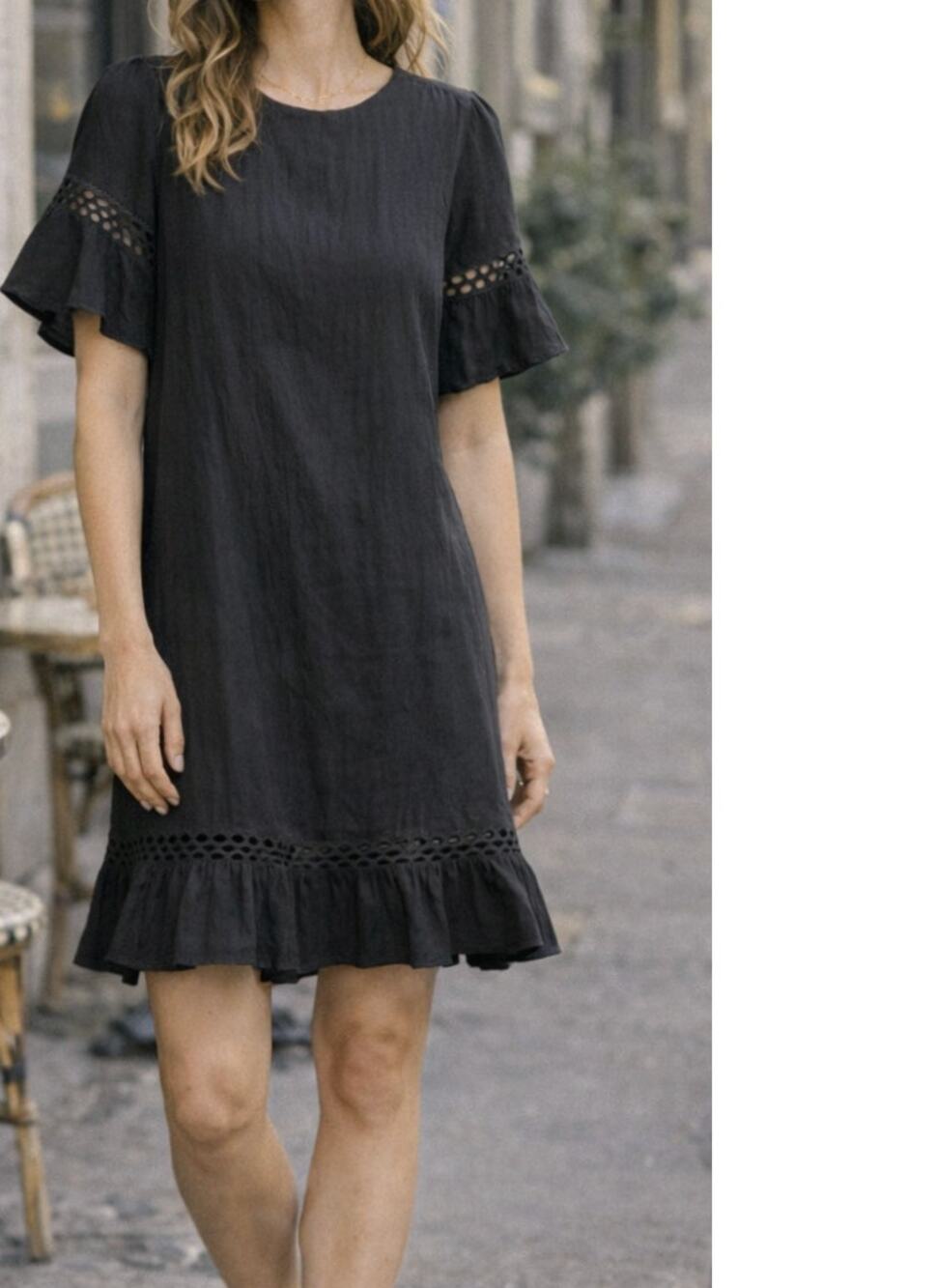 Shilla Black Flutter Sleeve Shift Dress Eyelet Trim Mini Ruffle Hem Size Small